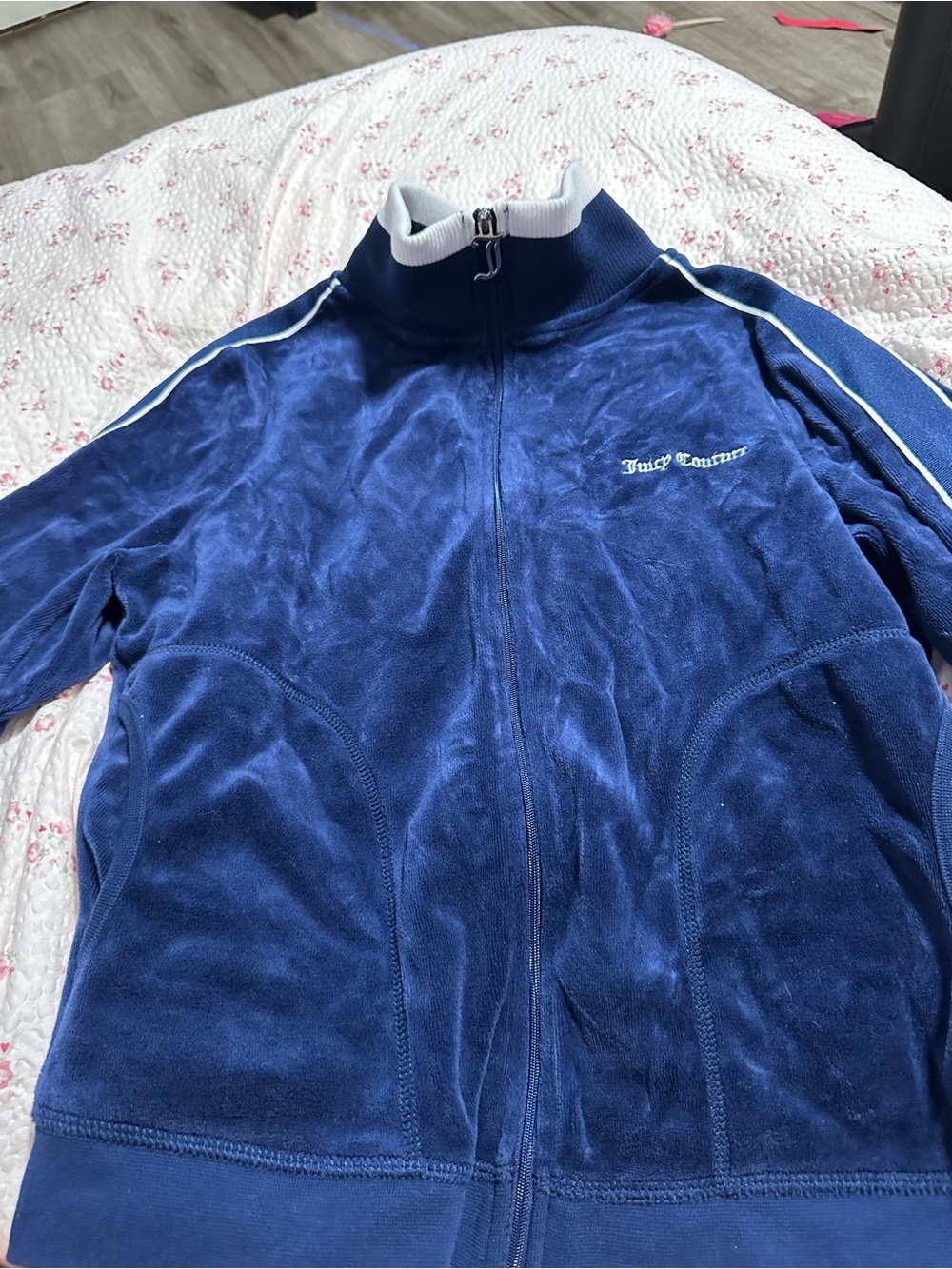 Juicy Couture Navy Velour Zip-Up Track Jacket with White Piping